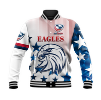 White baseball jacket with USA Rugby Eagles graphic, striped front, black ribbed collar