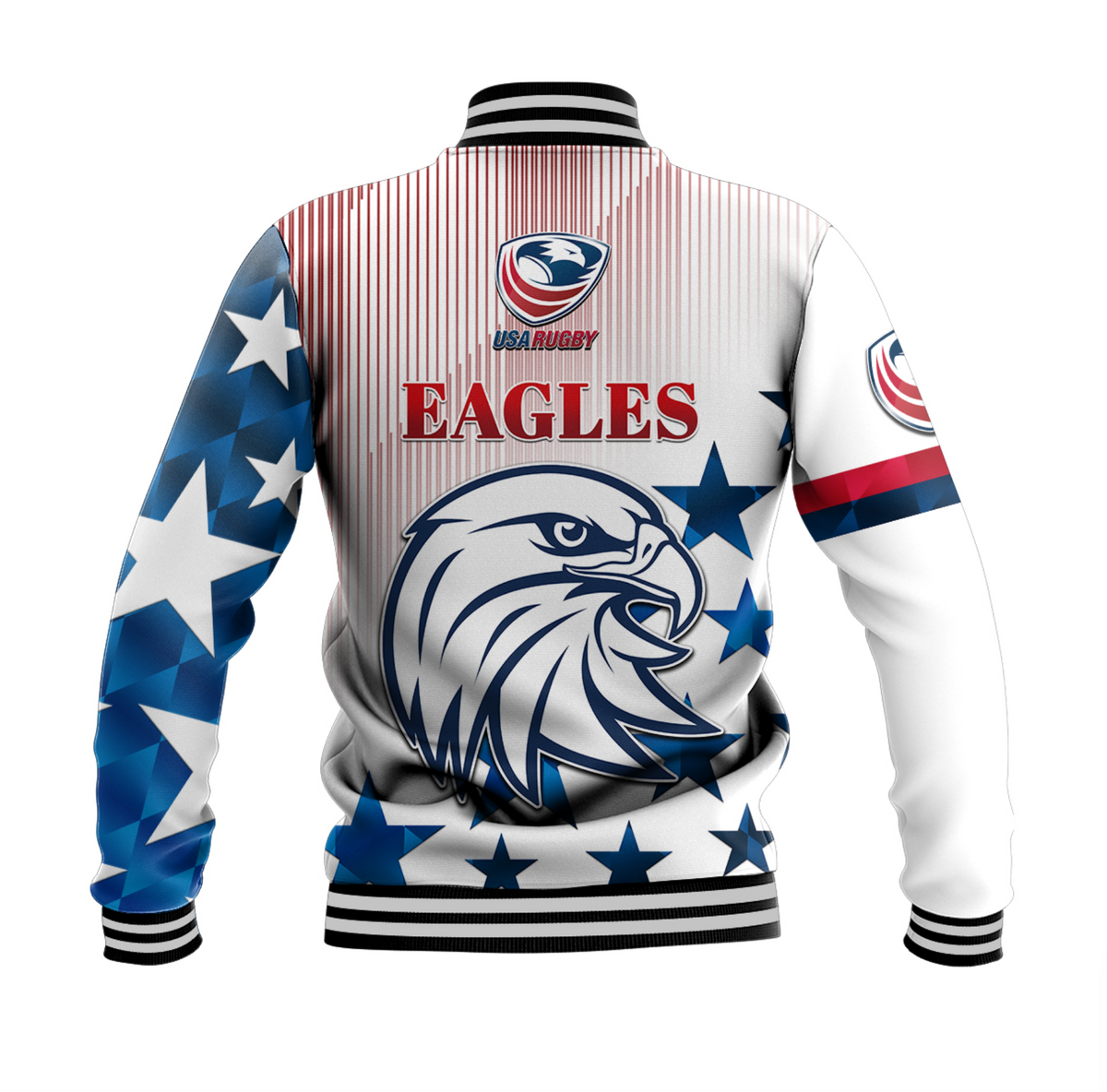 Back view: White USA Rugby Eagles varsity baseball jacket, star sleeves, black striped hem