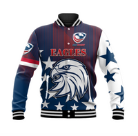 Unisex baseball jacket with USA Rugby Eagles front graphic, red/blue vertical stripes