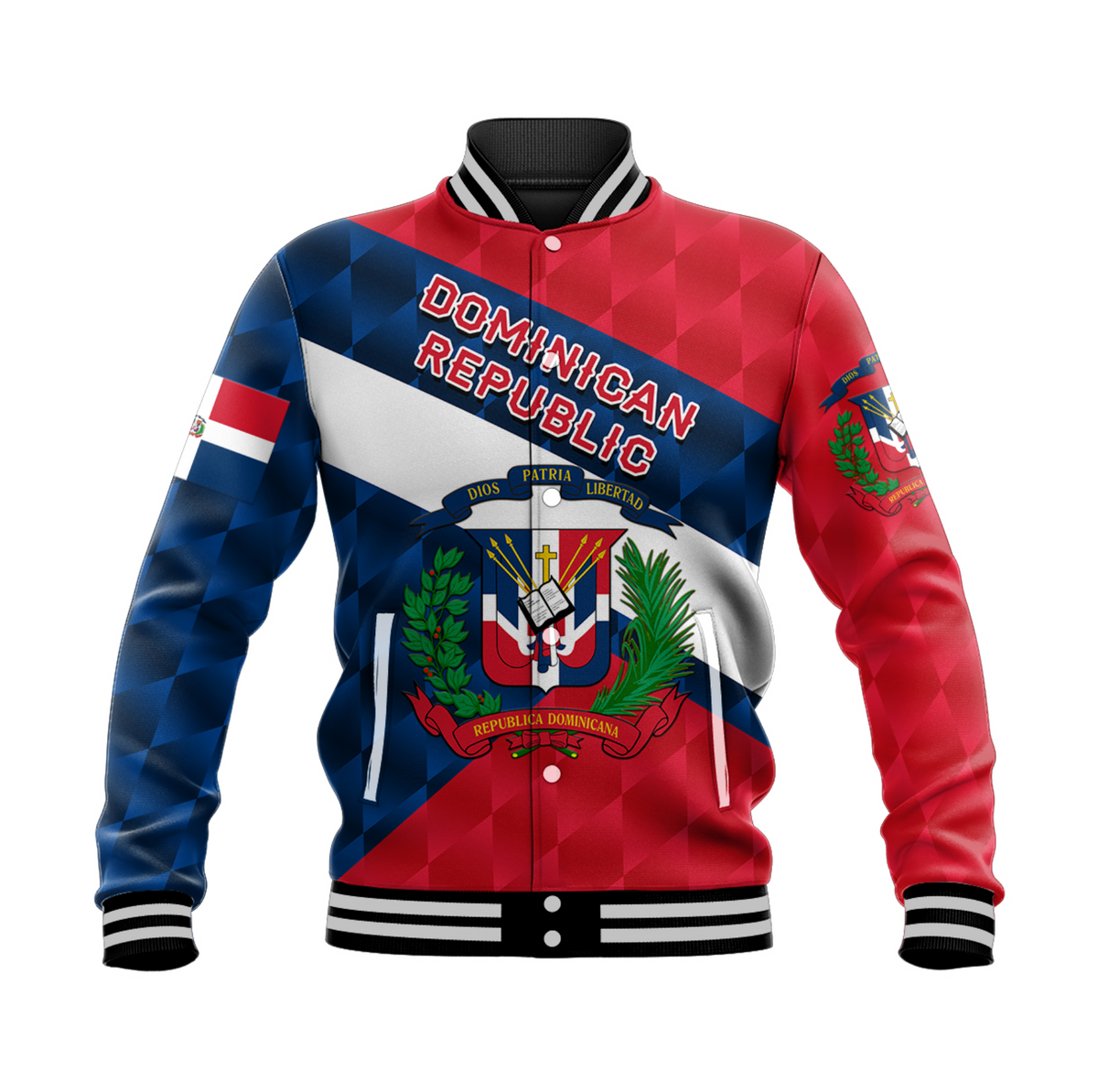 Red & blue varsity baseball jacket with Dominican crest, front, snap buttons