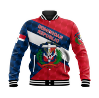 Red & blue varsity baseball jacket with Dominican crest, front, snap buttons
