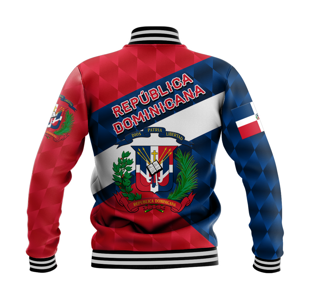 Red & blue varsity baseball jacket with Dominican crest, back view, ribbed cuffs