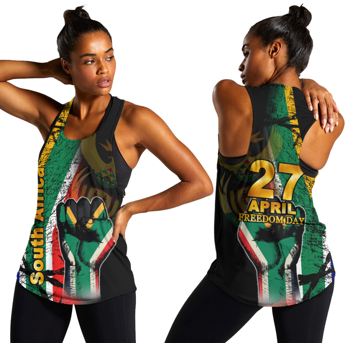 Black women’s tank top with grunge South Africa flag print and April Freedom Day