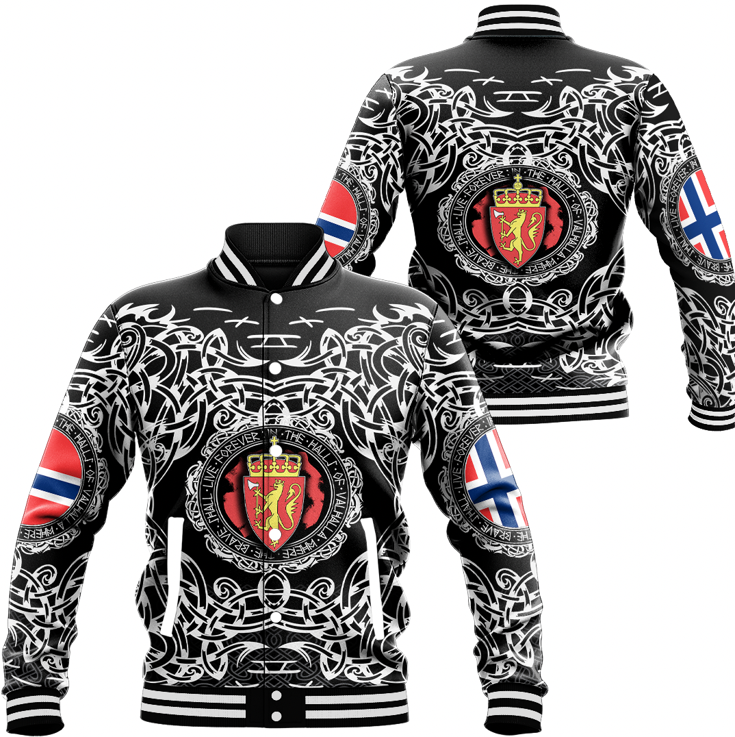 Unisex black baseball jacket with white Viking pattern, crest front, Norway flag sleeve