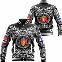 Unisex black baseball jacket with white Viking pattern, crest front, Norway flag sleeve