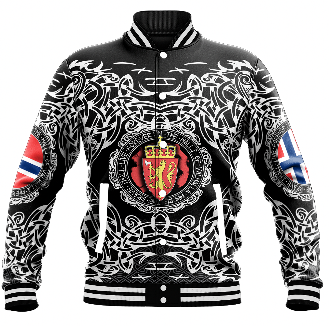 Black baseball jacket front view, white Viking design, Norway flag sleeve, snap buttons