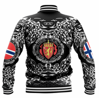 Black baseball jacket back view with white Viking pattern, large shield crest, striped hem