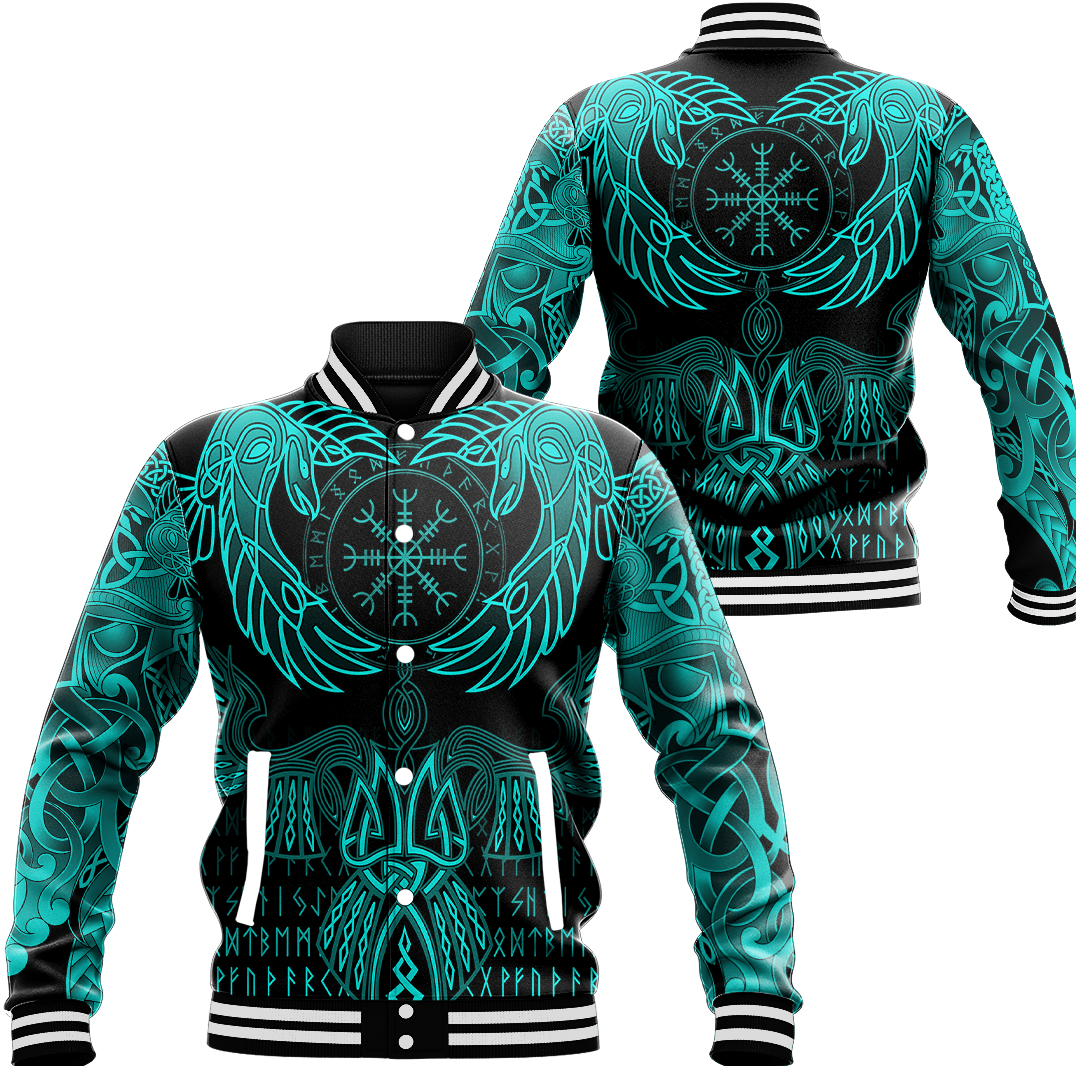 Viking Clothing Raven Of Odin Cyan Baseball Jacket RLT12 - Wonder Print Shop