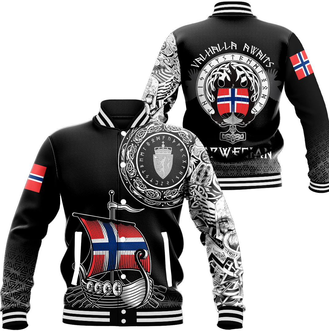 Black unisex baseball jacket: Viking crest, Norwegian flag design, ribbed cuffs & hem