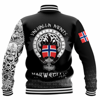 Black unisex baseball jacket back view: Viking shield crest, Norwegian flag, ribbed waistband