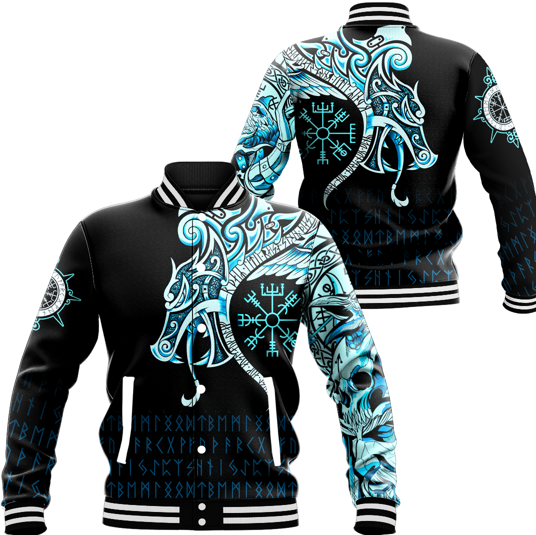 Viking Clothing Fenrir Raven and Vegvisir Tattoo Cyan Baseball Jacket RLT12 - Wonder Print Shop