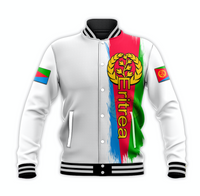Unisex white baseball jacket front graphic with Eritrea emblem and Independence Day