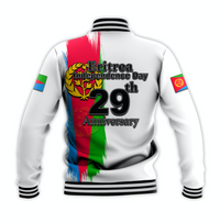 Unisex white baseball jacket back print: Eritrea Independence Day 29th Anniversary