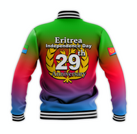 Back view baseball jacket, green-to-blue-to-red gradient, Eritrea 29th Anniversary graphic