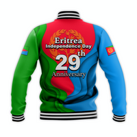 Back baseball jacket: 'Eritrea Independence Day 29th Anniversary' in green/blue/red