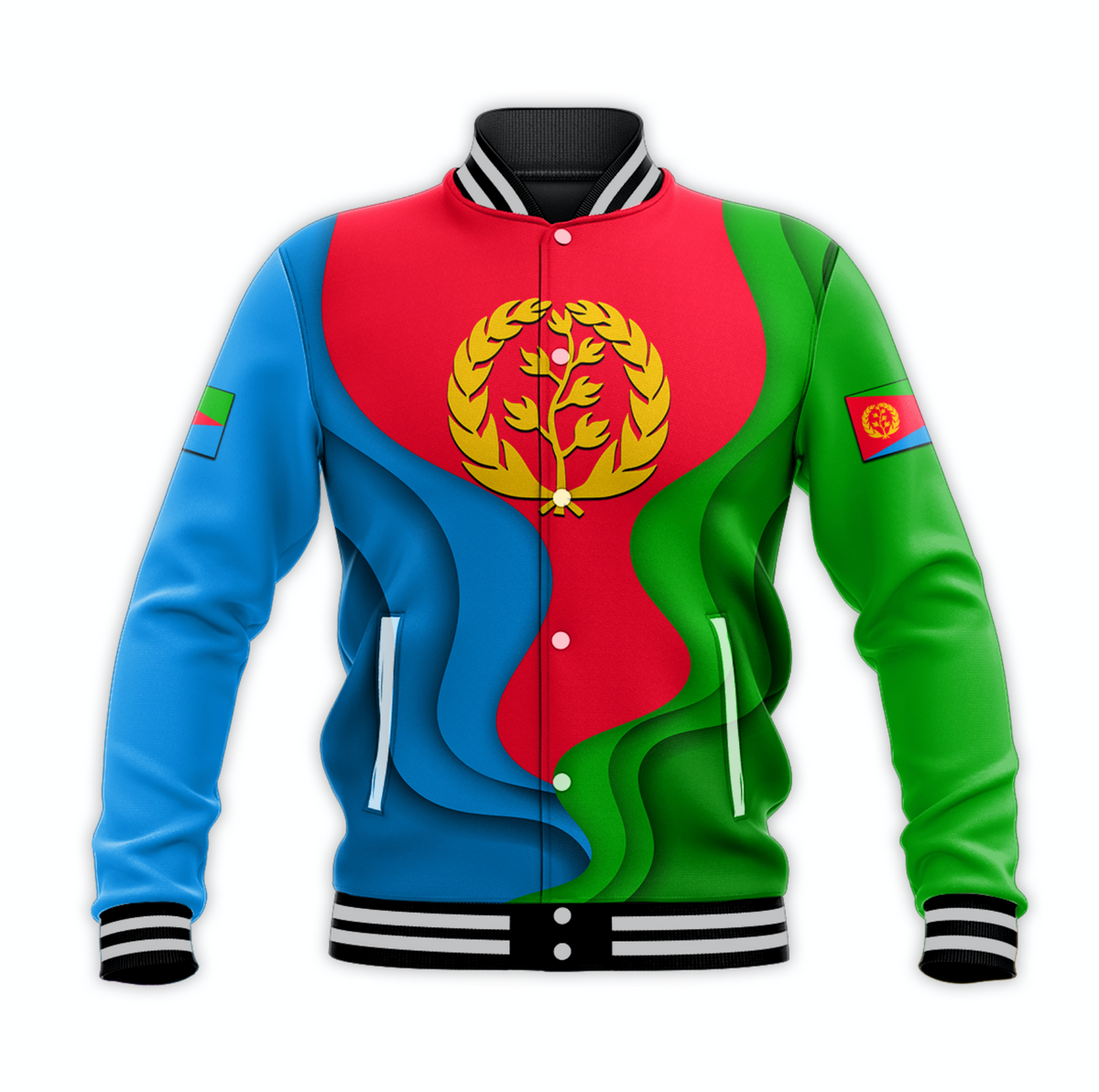 Unisex baseball jacket with Eritrea emblem, red/blue/green panels, striped collar