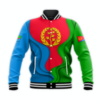 Unisex baseball jacket with Eritrea emblem, red/blue/green panels, striped collar
