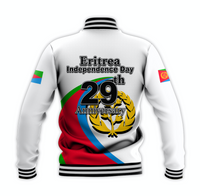 White unisex baseball jacket back print: Eritrea Independence Day 29th Anniversary
