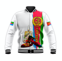 White unisex baseball jacket with Eritrea flag graphic and crest on front