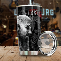 Black Viking Floki tumbler with metal lid and Floki portrait graphic