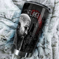 Black Viking Floki tumbler, angled view with Floki portrait and red Viking emblem