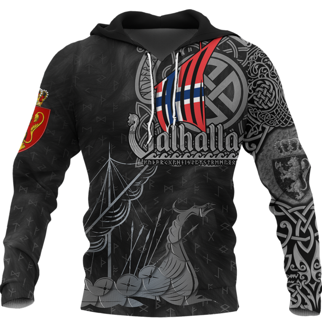 Black pullover hoodie with Viking dragon graphic, runes, hood and front pocket