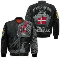 Two black zip bomber jackets with Viking graphics, front and back views