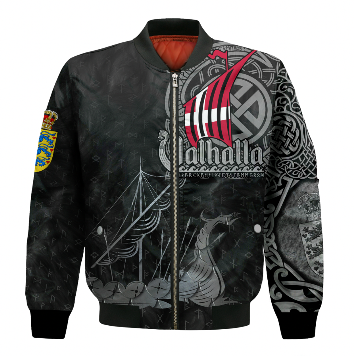 Black zip bomber jacket with Valhalla graphic and Viking rune patterns