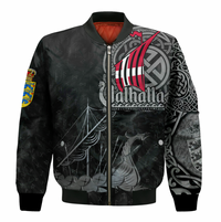 Black zip bomber jacket with Valhalla graphic and Viking rune patterns