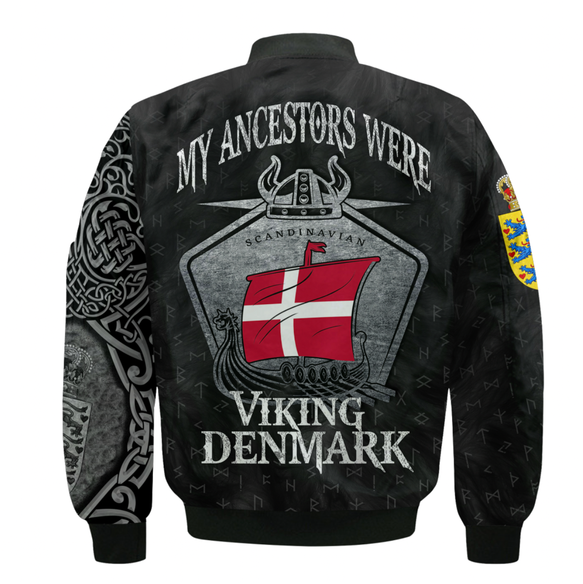 Black bomber jacket back print: Viking Denmark shield and text graphic