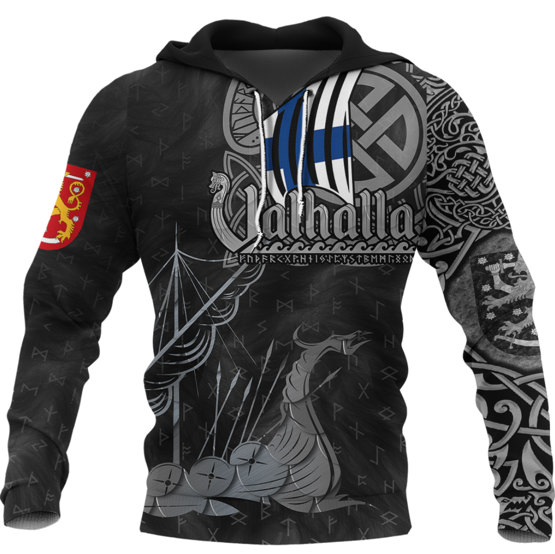 Black pullover hoodie with large Viking graphic and hooded neckline