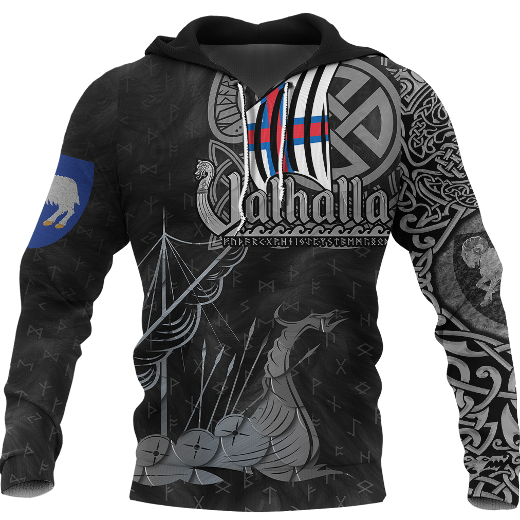 Black pullover hoodie with Viking ship, runes and drakkar front graphic