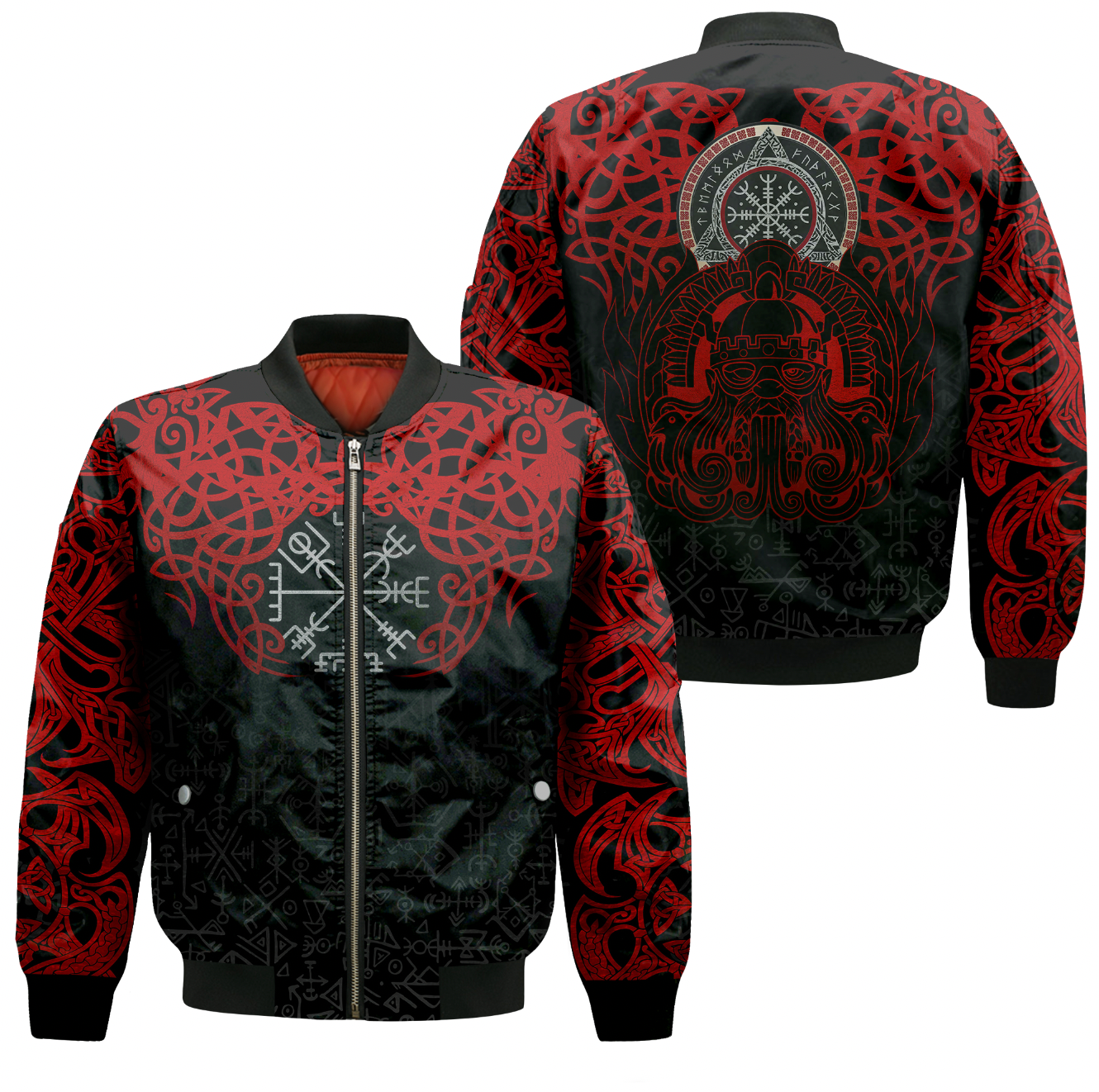 Viking Clothing Viking Odin Helm Of Awe (Red) Sleeve Zip Bomber Jacket RLT12 - Wonder Print Shop