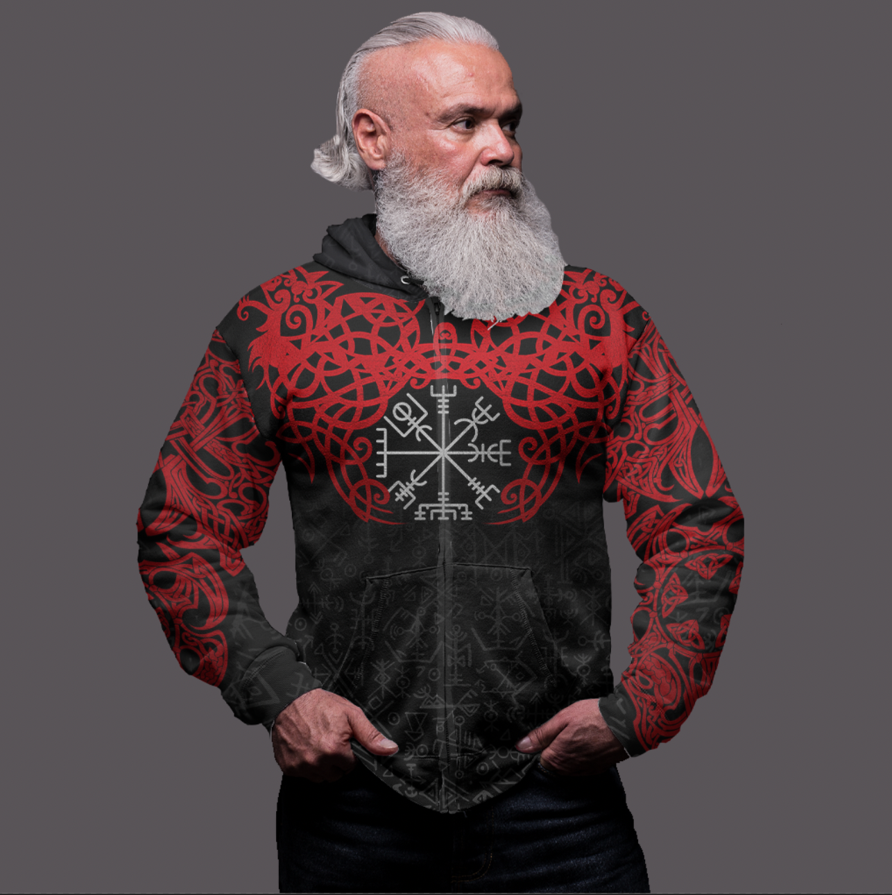 Viking Clothing Viking Odin Helm Of Awe (Red) Zip Hoodie RLT12 - Wonder Print Shop