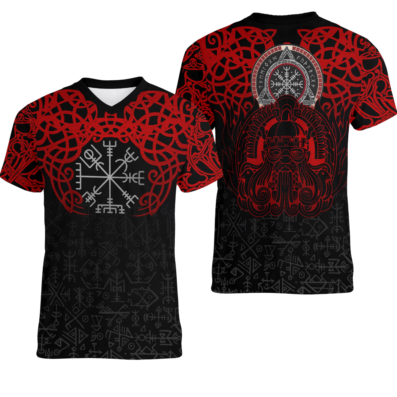 viking-clothing-viking-odin-helm-of-awe-red-v-neck-t-shirt