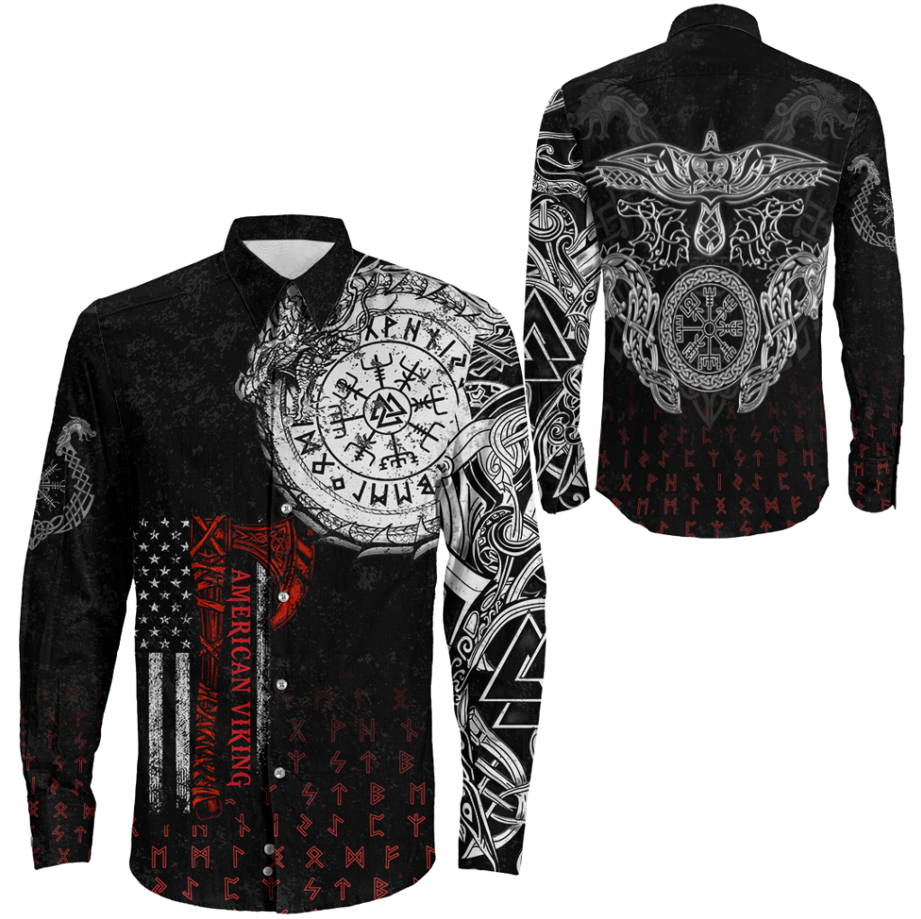 Viking Clothing Viking American Dragon Tattoo Valknut and Vegvisir Long Sleeve Button Shirt RLT12 - Wonder Print Shop