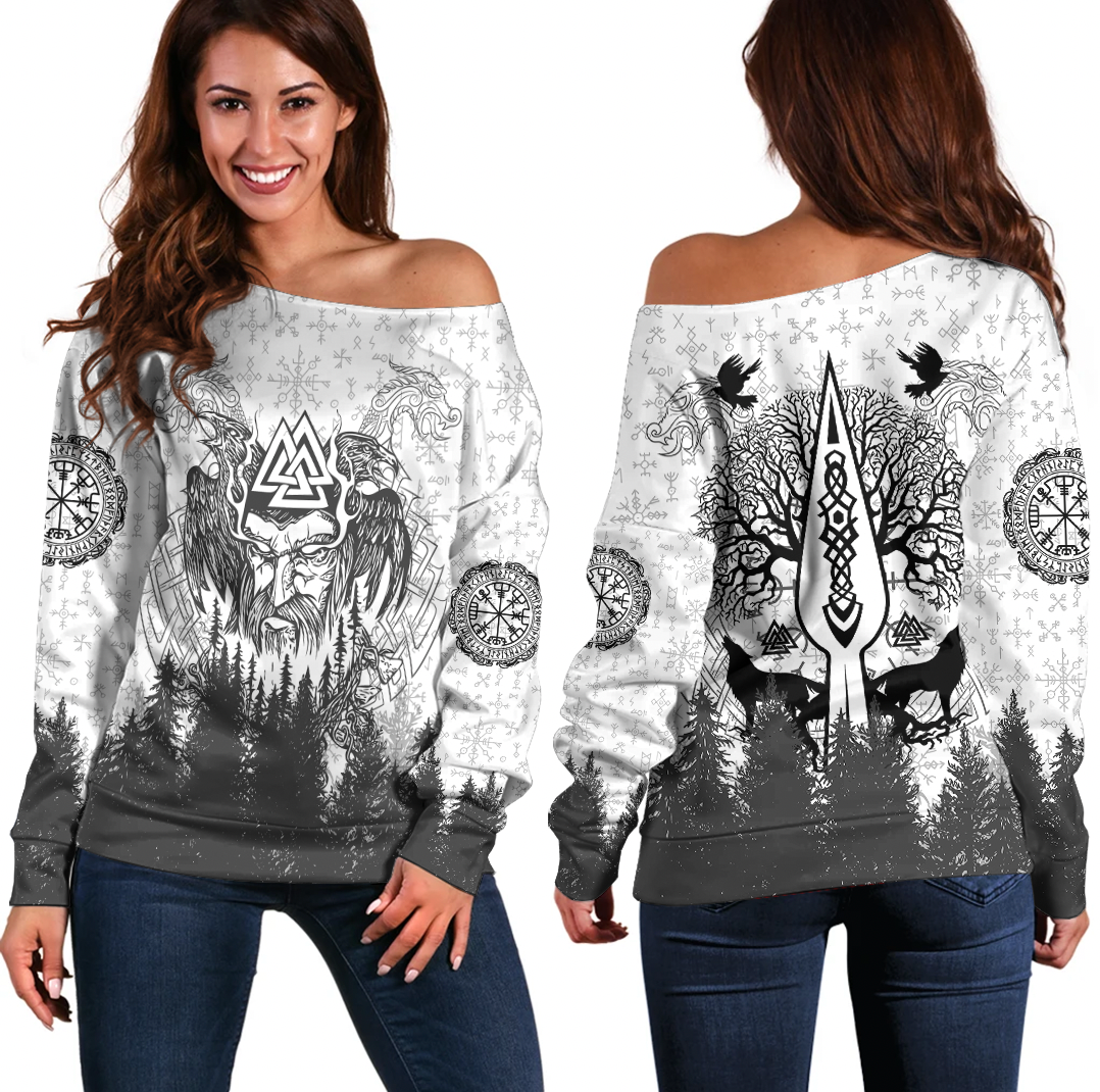 Viking Clothing Viking Odin and Raven Forest Off Shoulder Sweater RLT12 - Wonder Print Shop