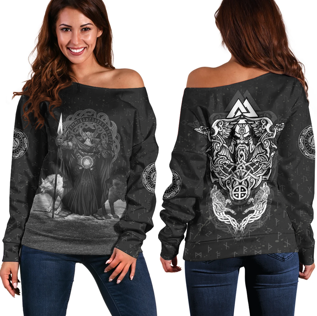 Viking Clothing Viking Odin Raven and Wolf Valknut Off Shoulder Sweater RLT12 - Wonder Print Shop