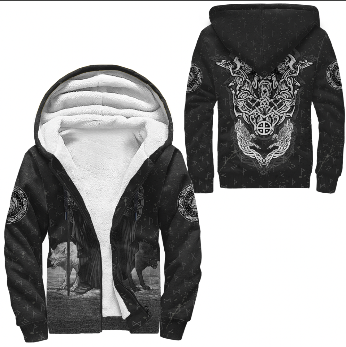 Viking Clothing Viking Odin Raven and Wolf Valknut Sherpa Hoodie RLT12 - Wonder Print Shop