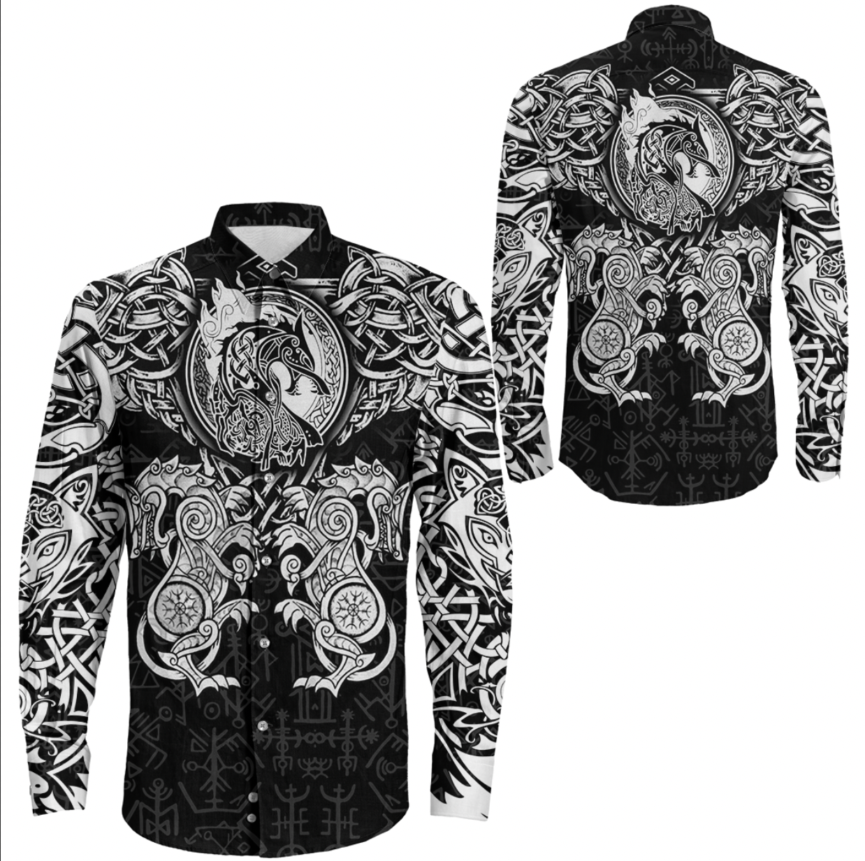 Viking Clothing Viking Dragon and Wolf Tattoo Long Sleeve Button Shirt RLT12 - Wonder Print Shop