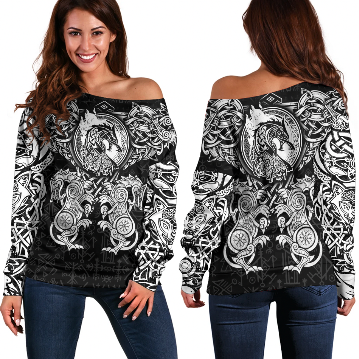 Viking Clothing Viking Dragon and Wolf Tattoo Off Shoulder Sweater RLT12 - Wonder Print Shop