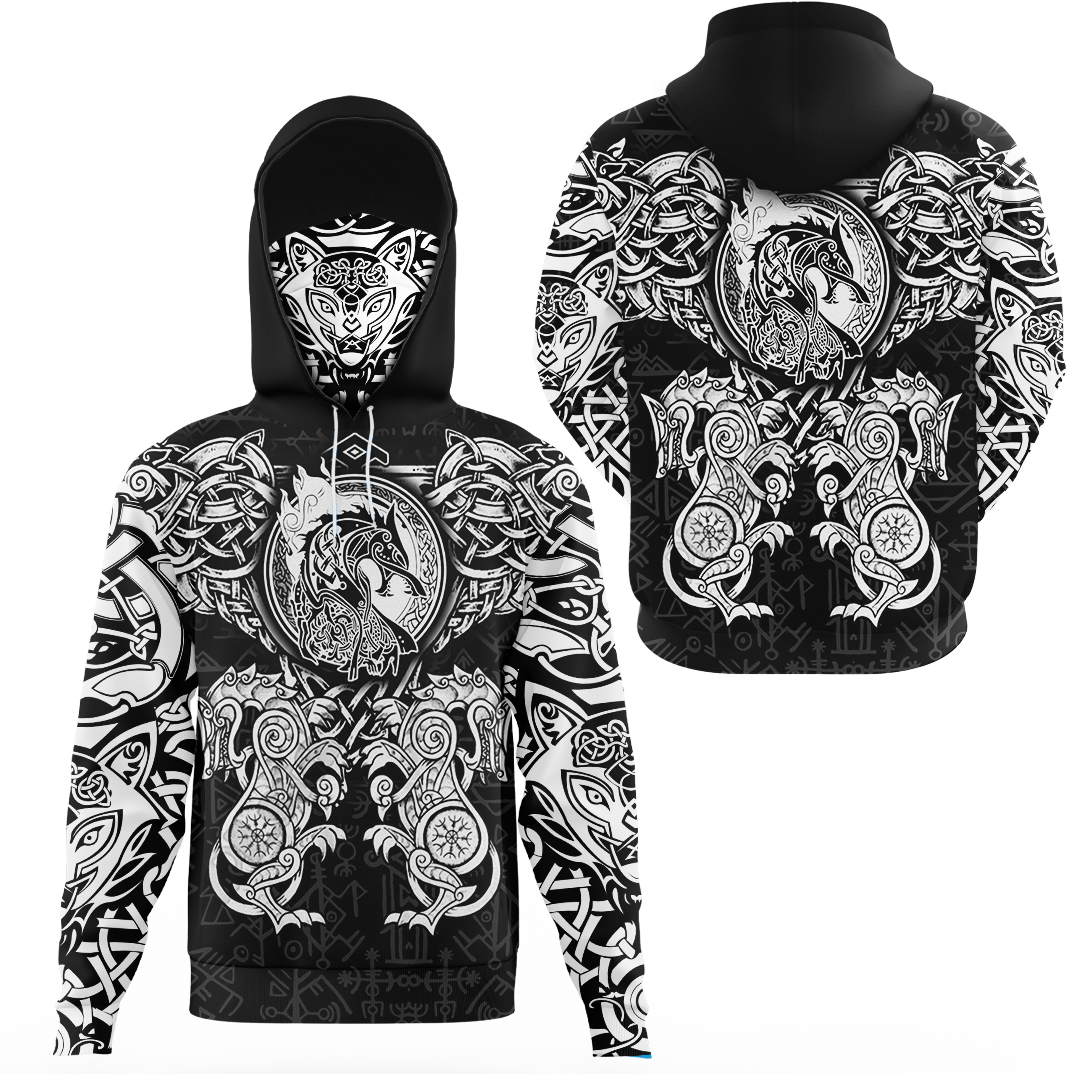 Viking Clothing Viking Dragon and Wolf Tattoo Hoodie Gaiter RLT12 - Wonder Print Shop