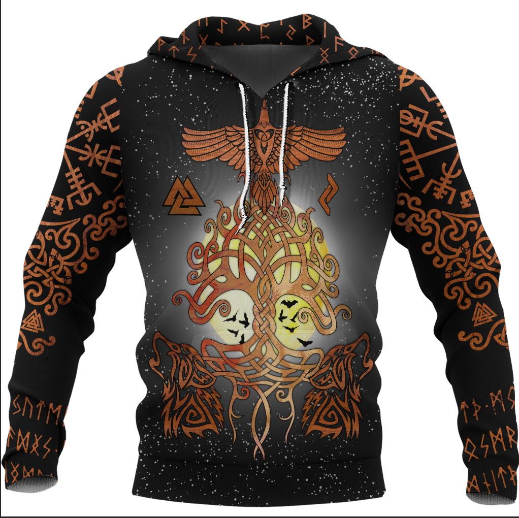 Viking Clothing Yggdrasil Raven and Wolf Hoodie RLT12 - Wonder Print Shop