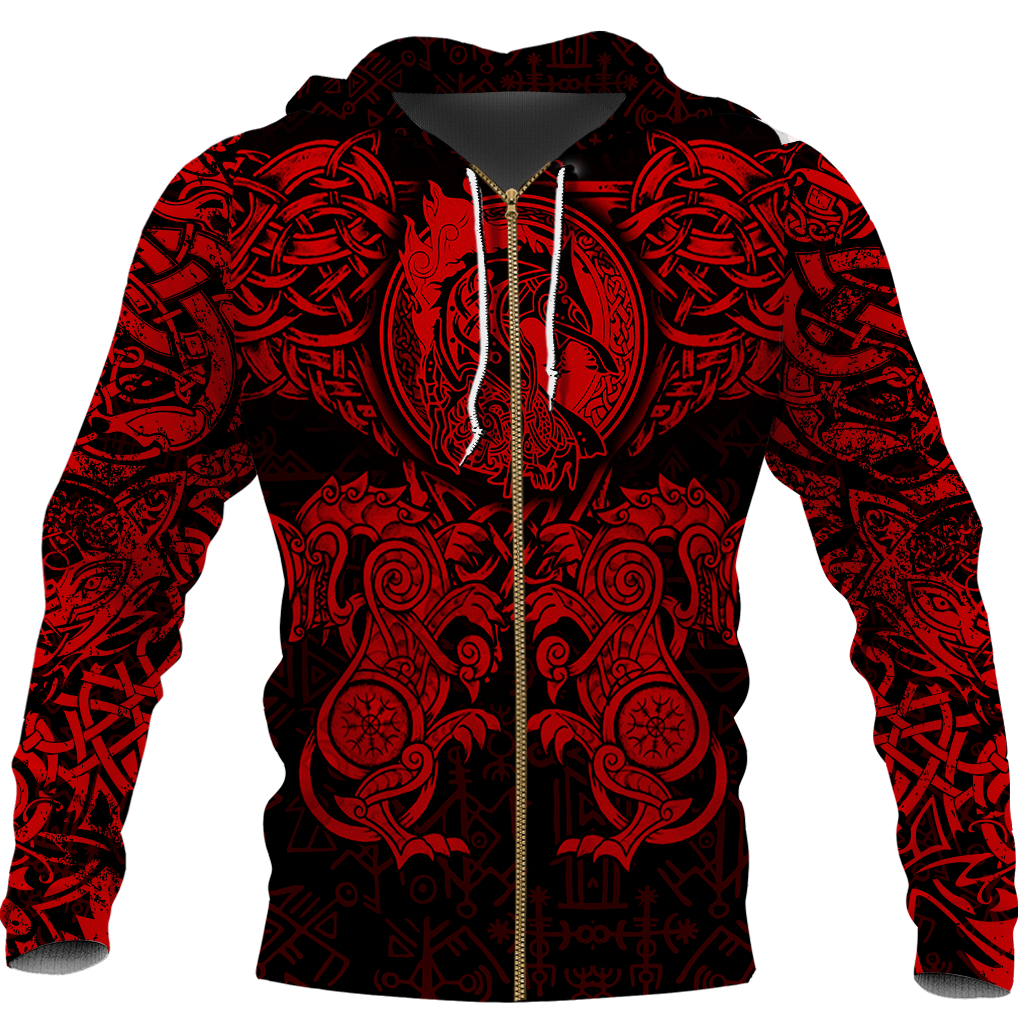 Viking Clothing Viking Dragon and Wolf Tattoo Red Zip Hoodie RLT12 - Wonder Print Shop