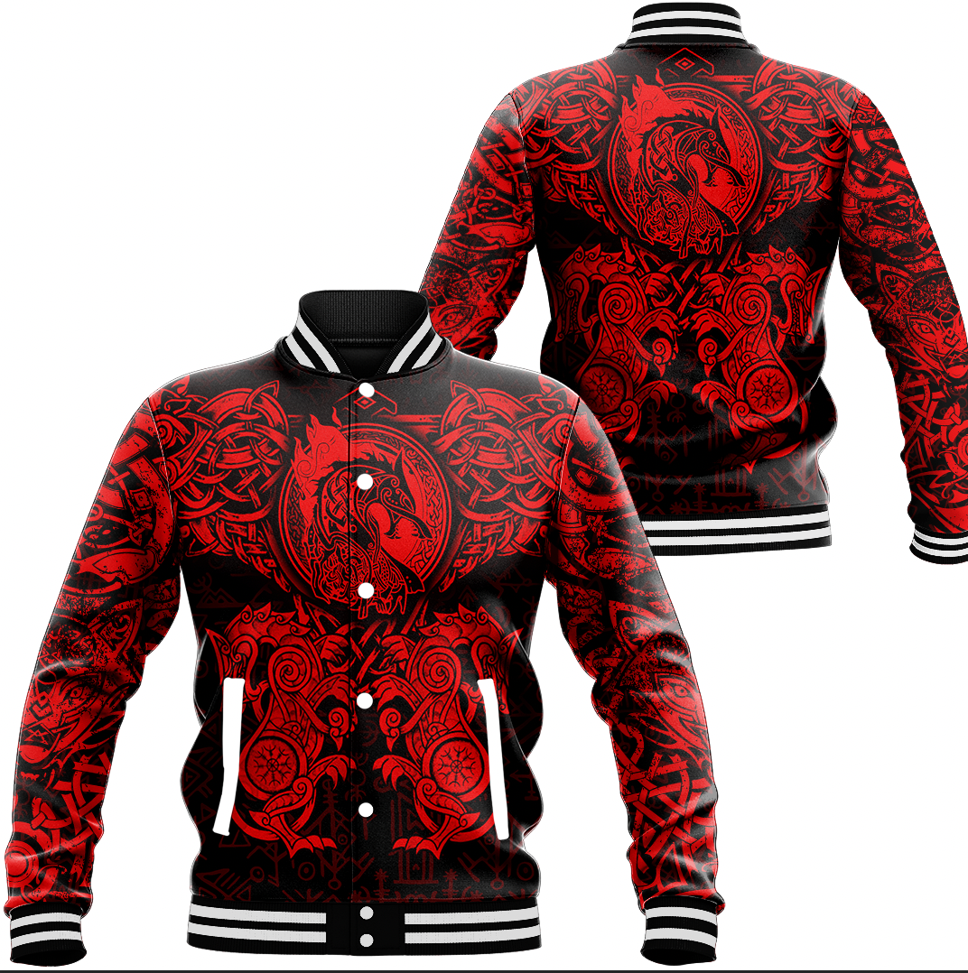 Viking Clothing Viking Dragon and Wolf Tattoo Red Baseball Jacket RLT12 - Wonder Print Shop