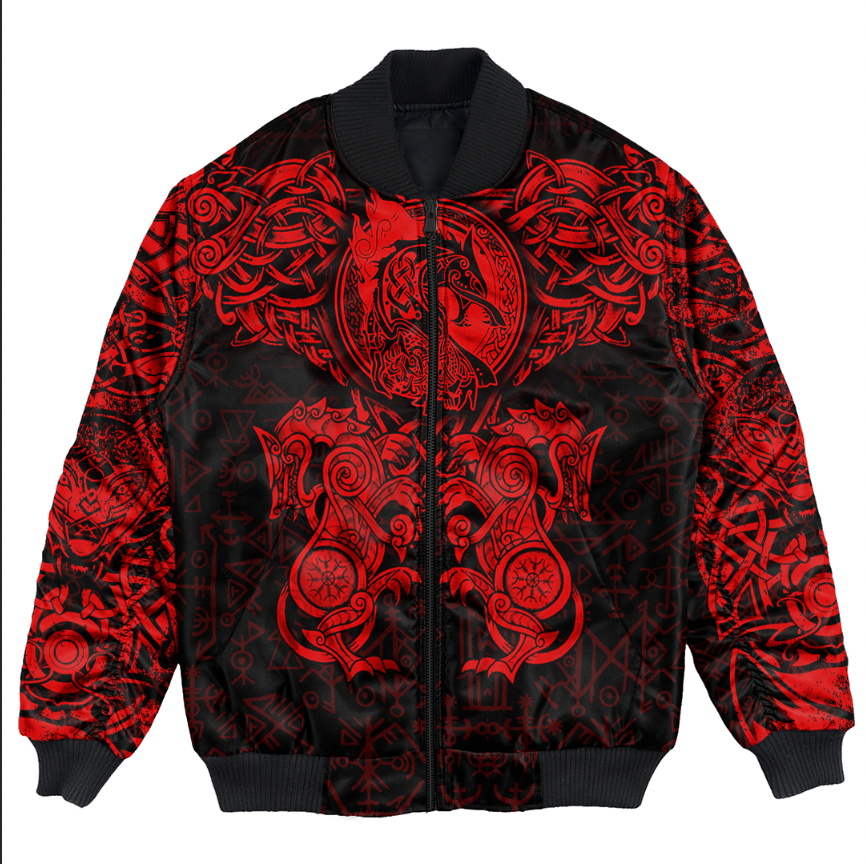 Viking Clothing Viking Dragon and Wolf Tattoo Red Bomber Jacket RLT12 - Wonder Print Shop