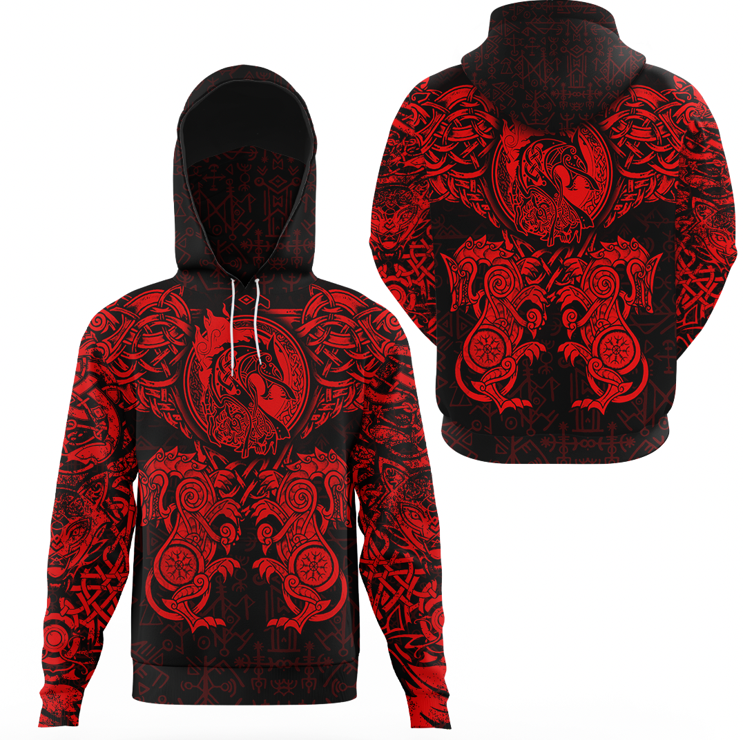 Viking Clothing Viking Dragon and Wolf Tattoo Red Hoodie Gaiter RLT12 - Wonder Print Shop