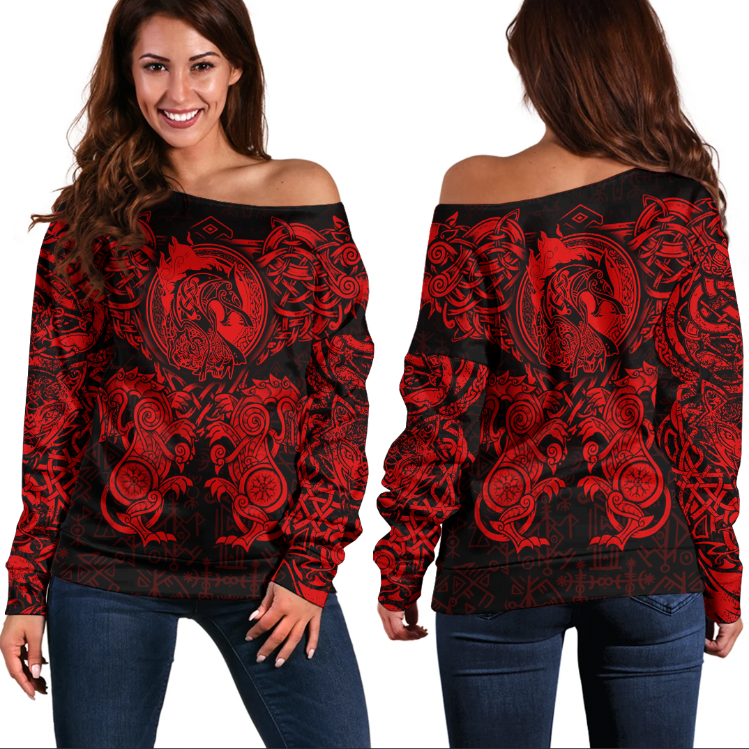 Viking Clothing Viking Dragon and Wolf Tattoo Red Off Shoulder Sweater RLT12 - Wonder Print Shop