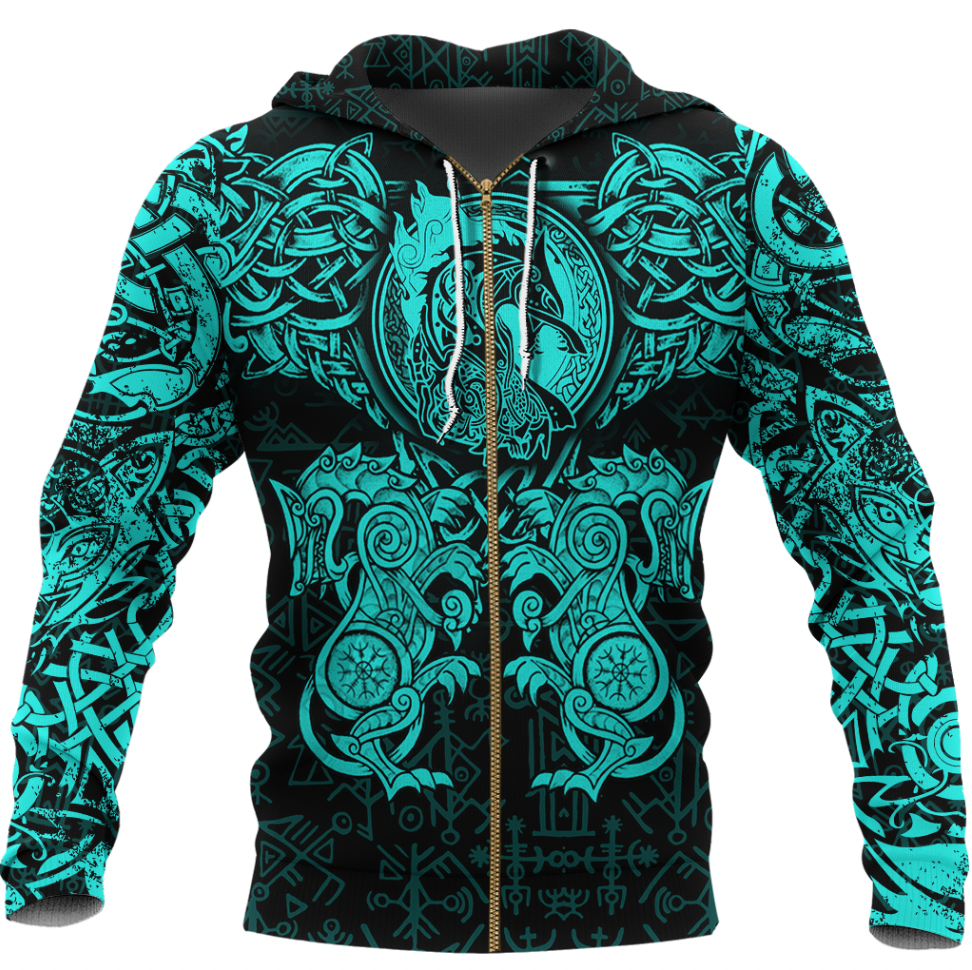 Viking Clothing Viking Dragon and Wolf Tattoo Cyan Zip Hoodie RLT12 - Wonder Print Shop