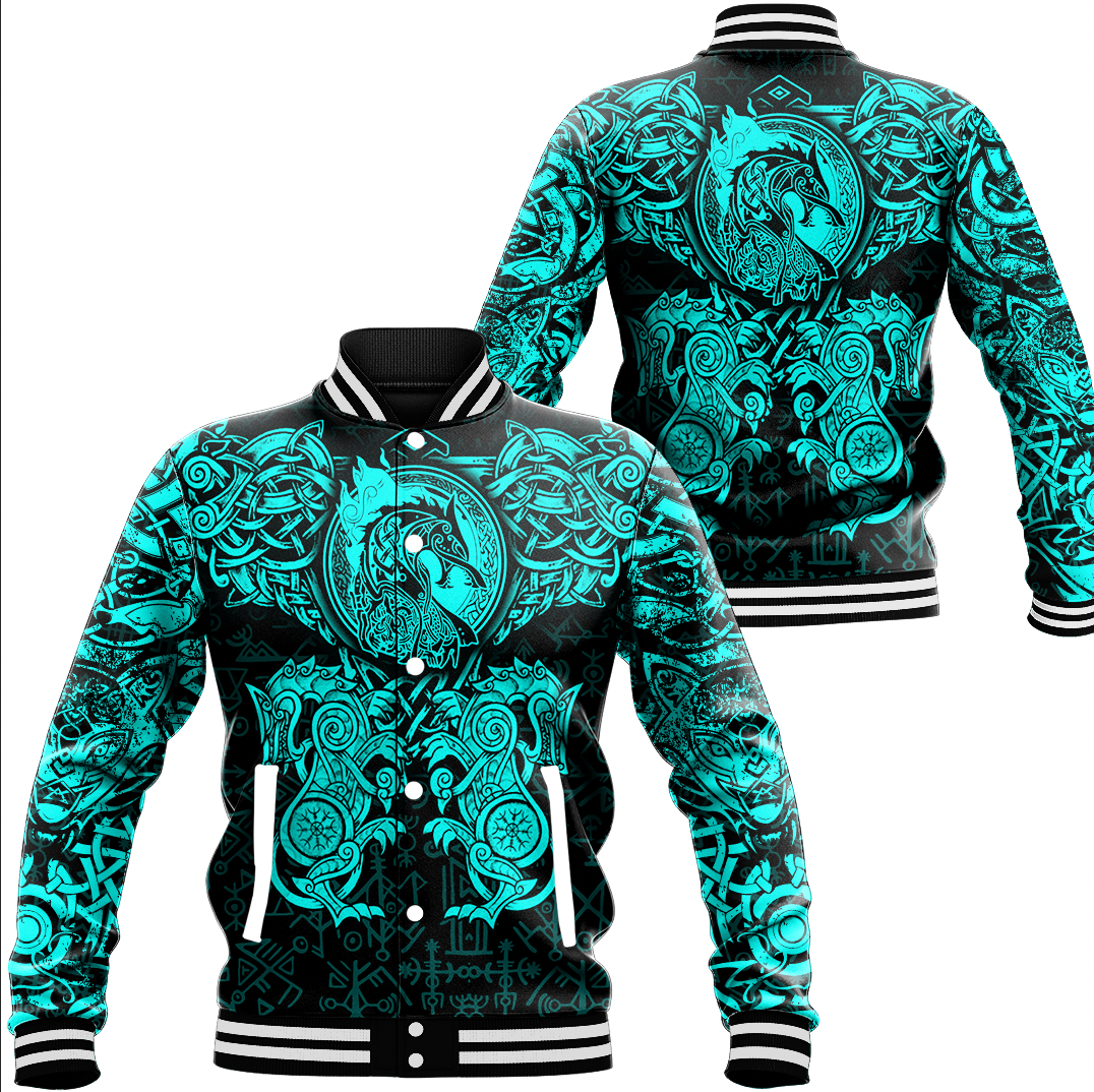 Viking Clothing Viking Dragon and Wolf Tattoo Cyan Baseball Jacket RLT12 - Wonder Print Shop